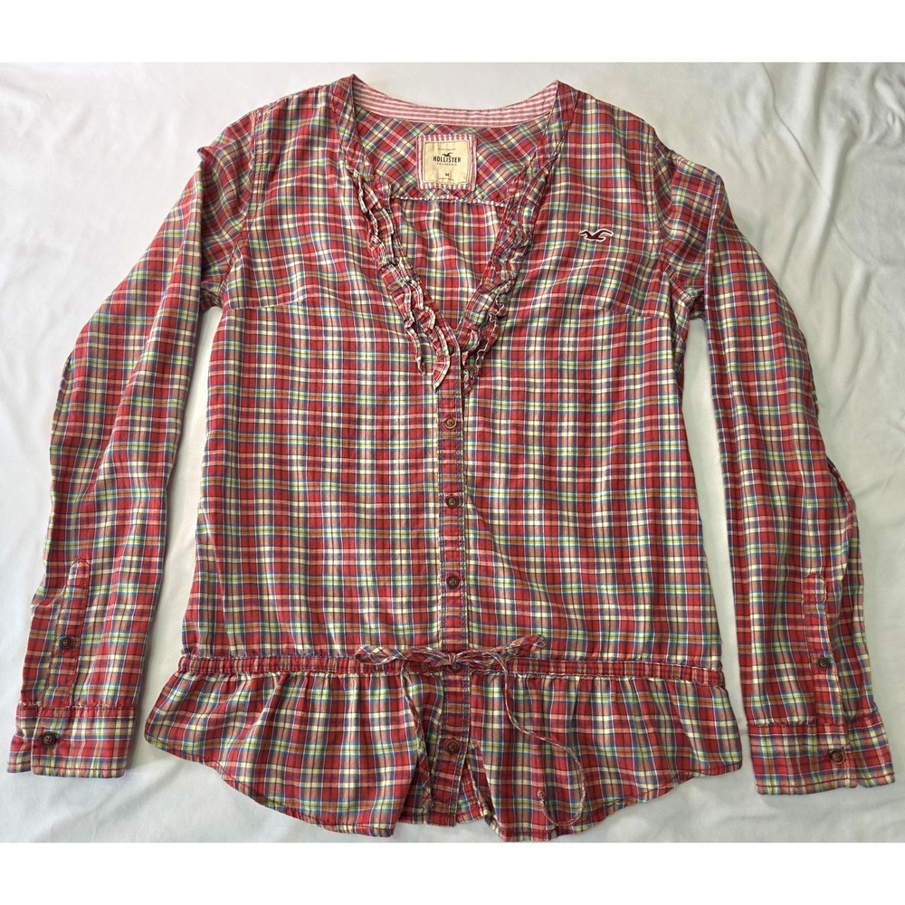 Hollister Vtg Plaid LS Babydoll Top Sz M Ruffle Preppy y2k Elena Gilbert Twee